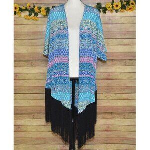 Liberty Love Blue Floral Cardigan Kimono Jacket Size L Long Fringe Festival Boho
